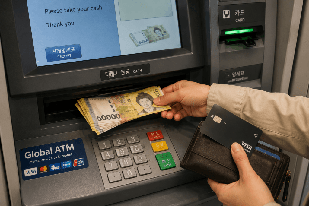 Traveler withdrawing Korean won cash from an ATM with an international card