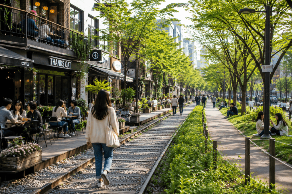 Traveler walking through Yeonnam-dong and Gyeongui Line Forest Park near Hongdae