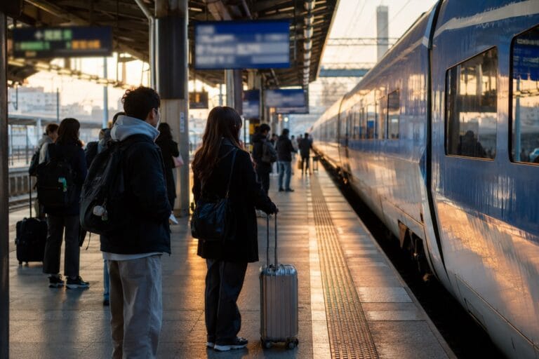 Travelers waiting beside a high-speed train at a Seoul railway station
