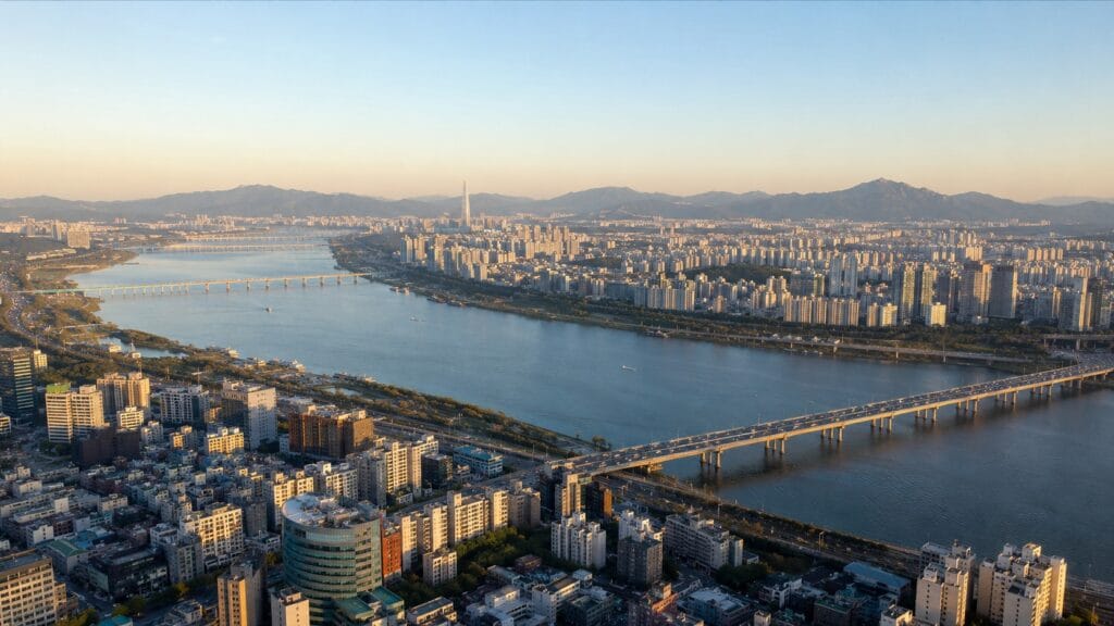 Aerial view of Seoul with the Han River, bridges, city skyline, and mountains