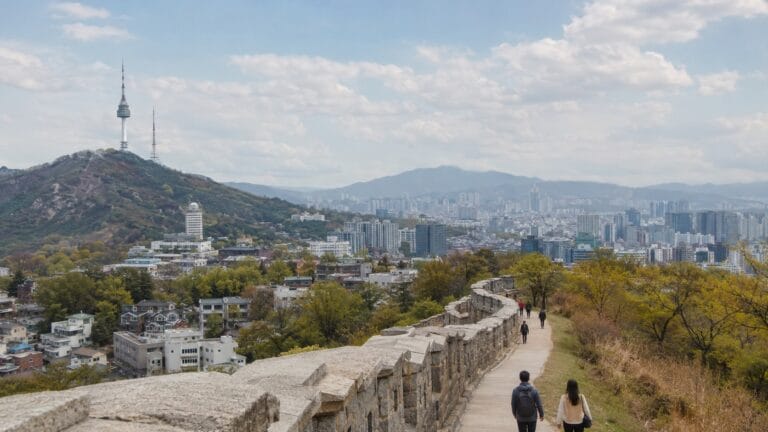 Seoul skyline, N Seoul Tower, mountains, and city wall under partly cloudy skies