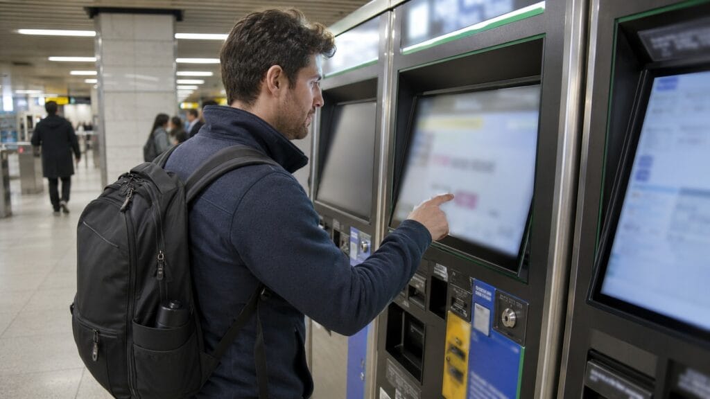 Tourist buying a Seoul Climate Card from a subway vending machine