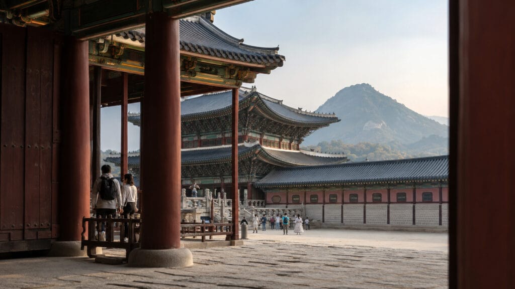 Traditional palace buildings and visitors inside Gyeongbokgung Palace in Seoul