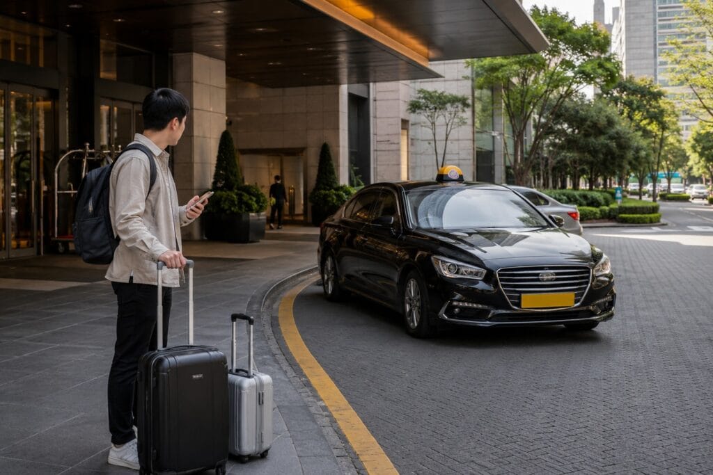 Traveler checking a taxi app while waiting with luggage outside a Seoul hotel
