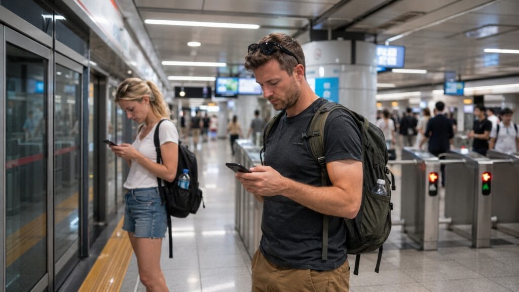 International travelers using smartphones inside a Seoul subway station