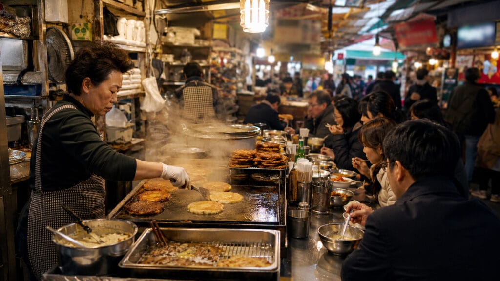Vendor cooking Korean pancakes for customers inside Gwangjang Market