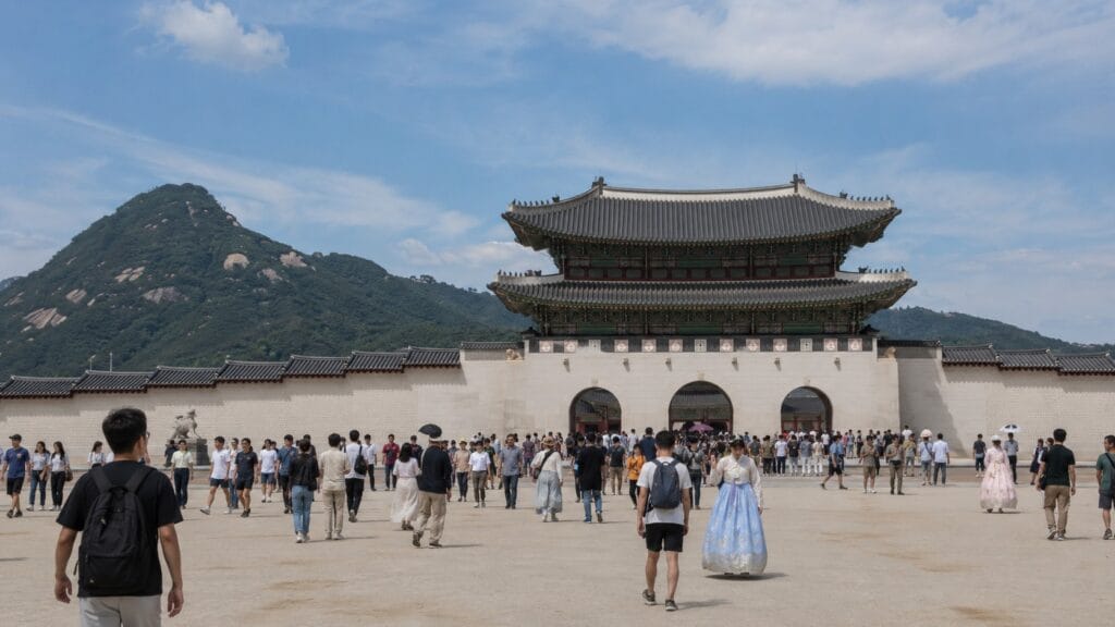 Gwanghwamun Gate at Gyeongbokgung Palace with visitors and Bugaksan Mountain