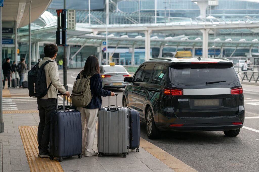 Travelers waiting with large suitcases beside a taxi pickup area at Incheon Airport