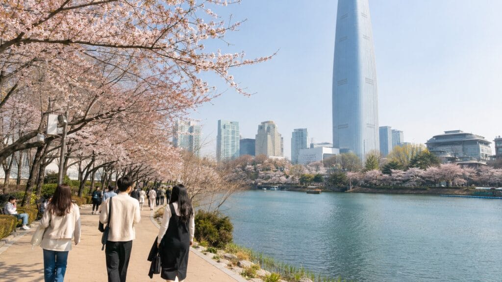 Cherry blossoms beside Seokchon Lake and Lotte World Tower in spring