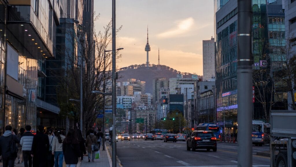 Central Seoul street with N Seoul Tower visible on Namsan Mountain at sunset