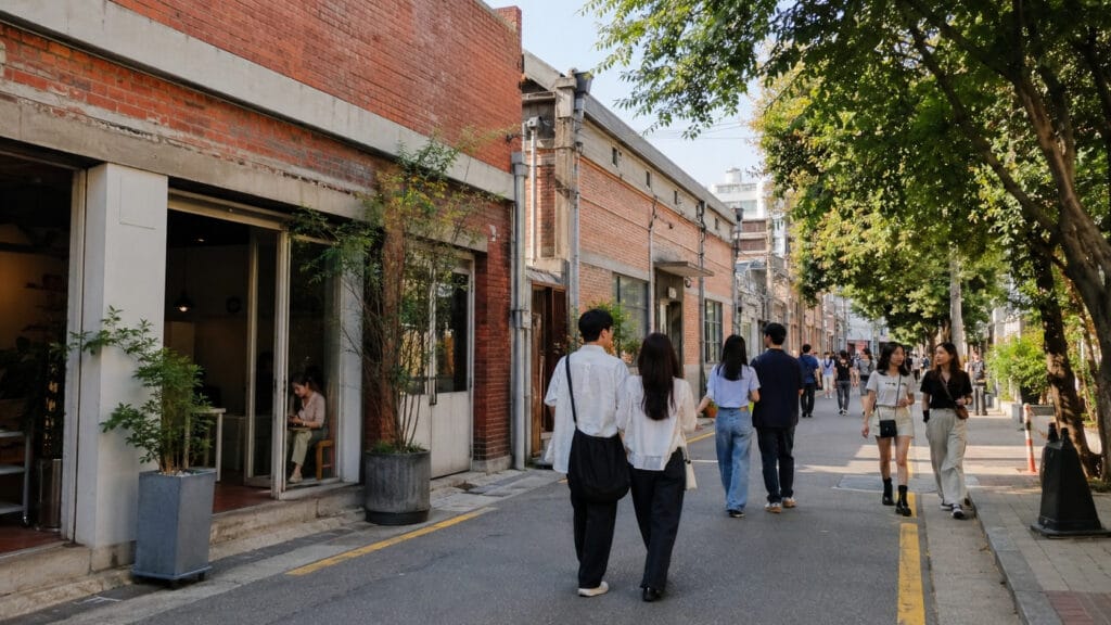 Seongsu-dong street with red brick buildings, cafes, shops, and pedestrians