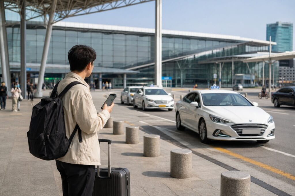 Traveler checking a taxi pickup location outside a major railway station in Seoul