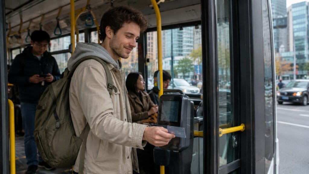 Tourist tapping a Climate Card when boarding a Seoul city bus