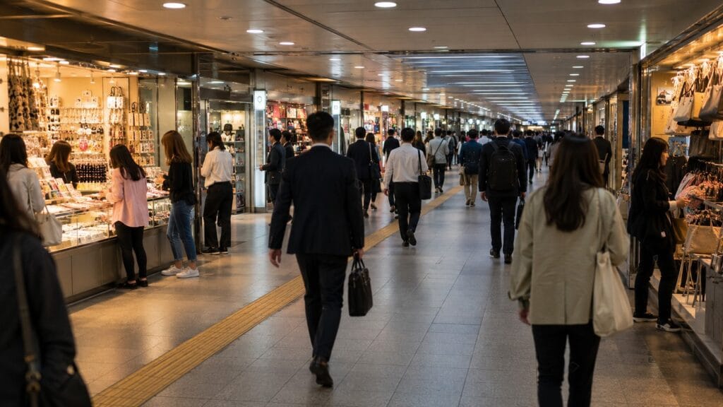 Evening commuters and shoppers walking through Gangnam Underground Shopping Center