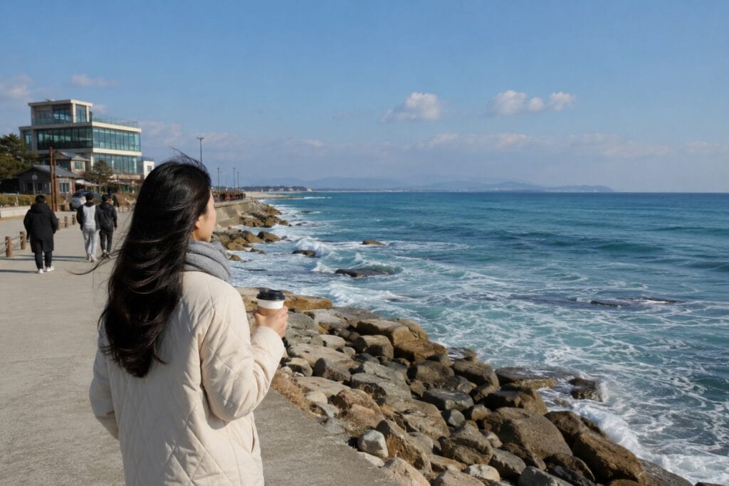 Traveler holding coffee beside the sea on a Gangneung coastal walkway