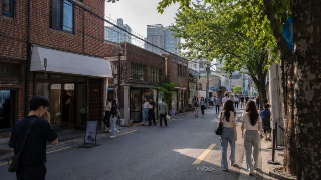 Seongsu-dong street with brick buildings, cafes, shops, and pedestrians