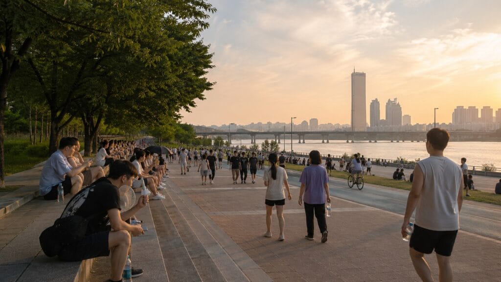 People cooling down beside the Han River on a hot summer evening in Seoul