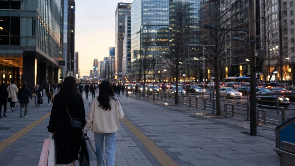 Shoppers walking along Gangnam-daero near Gangnam Station in the evening