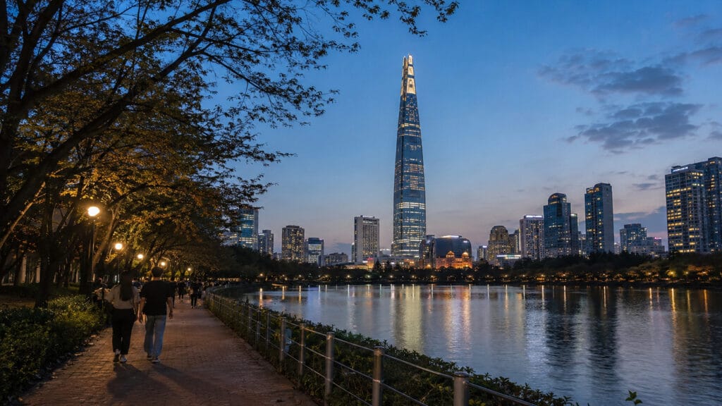 Lotte World Tower reflected in Seokchon Lake during blue hour