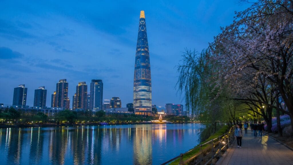 Lotte World Tower reflected in Seokchon Lake during blue hour