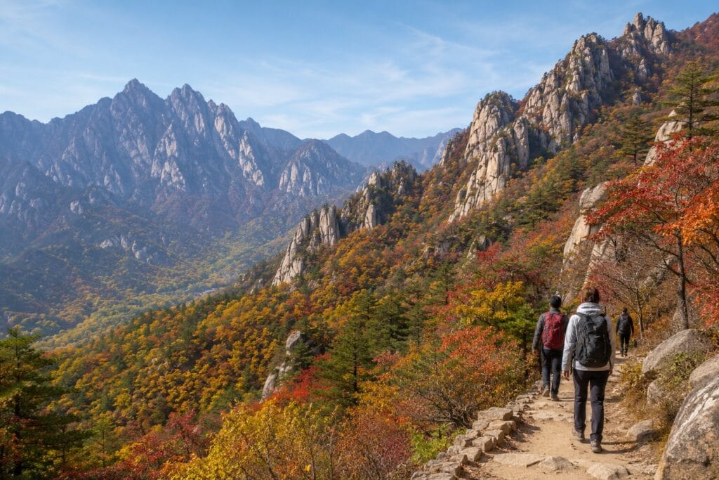 Hikers walking through autumn foliage beneath rocky peaks in Seoraksan National Park