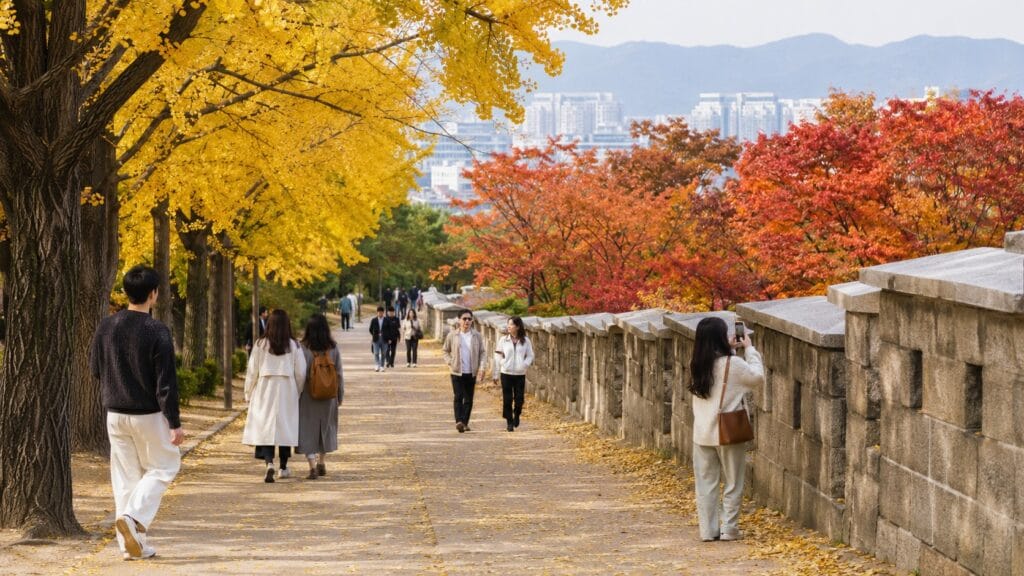 Visitors walking beside colorful autumn foliage and the Seoul City Wall