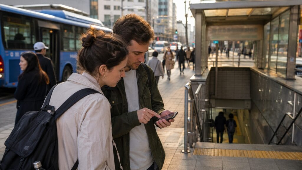 Tourists checking a smartphone map near Seoul public transportation