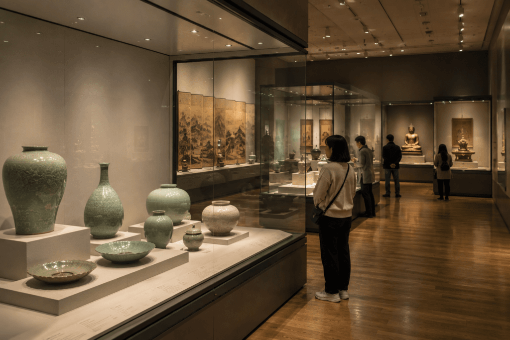 Korean ceramics and art gallery with celadon pottery, glass display cases, warm lighting and museum visitors