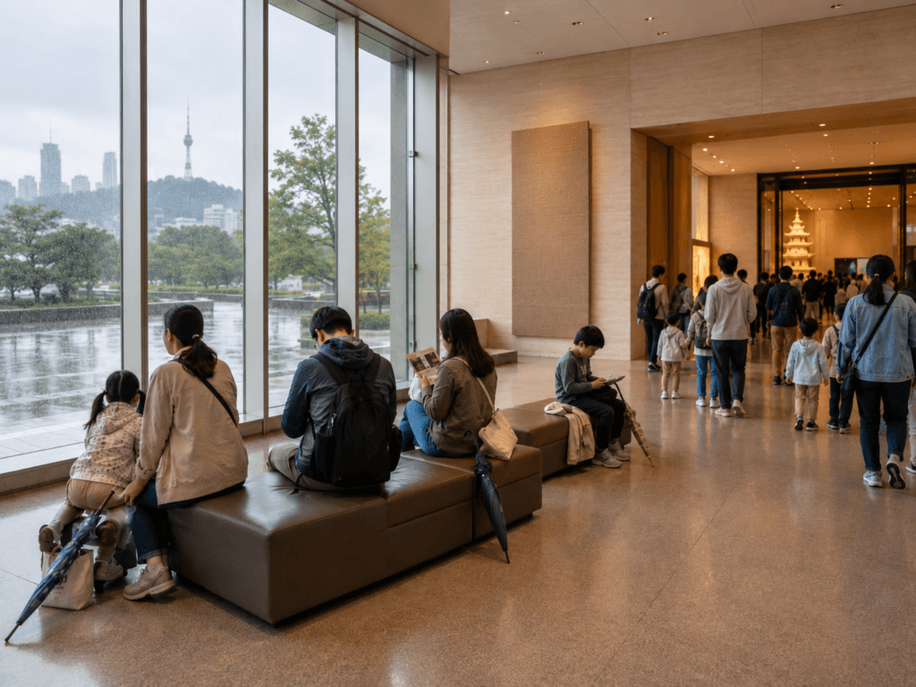 Families and travelers resting inside a Seoul museum lobby on a rainy day with large windows and umbrellas