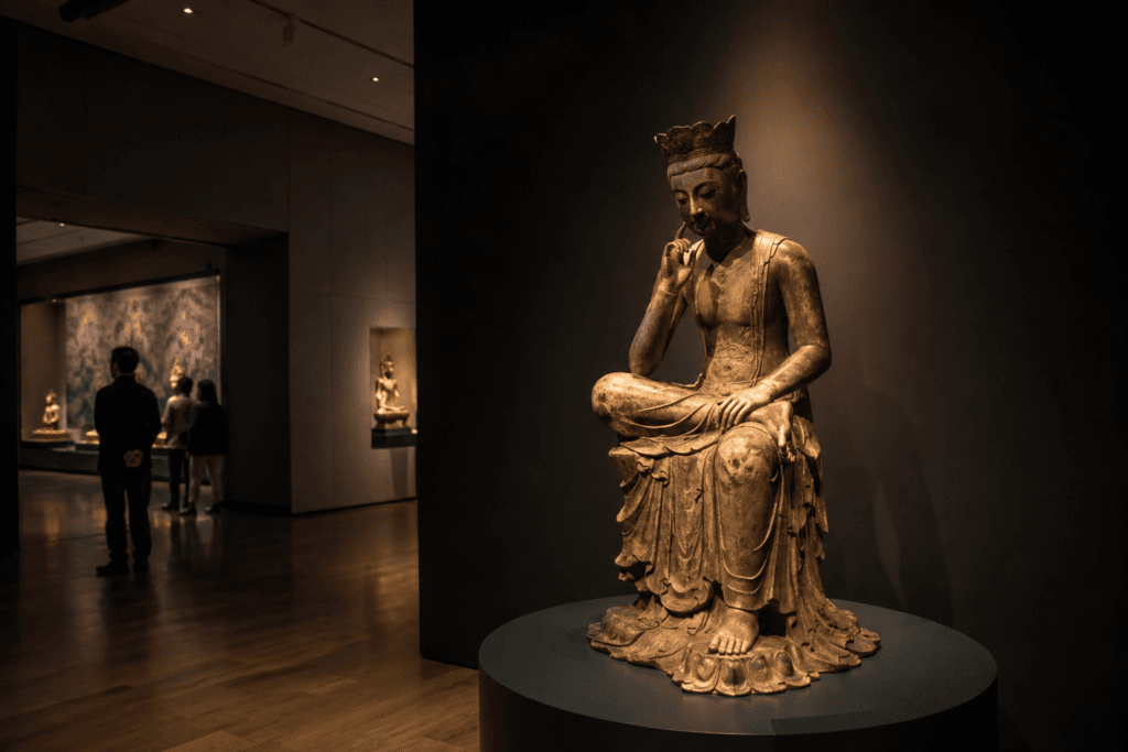 Quiet museum gallery with softly lit pensive Buddhist statue, dark walls and visitors in the National Museum of Korea