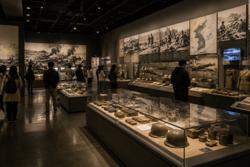 Korean War exhibition room in Seoul with historical artifacts, display cases, military uniforms, photos and museum visitors