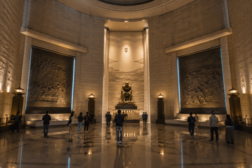 War Memorial of Korea memorial hall interior with high ceilings, solemn lighting, sculpture, relief walls and quiet visitors