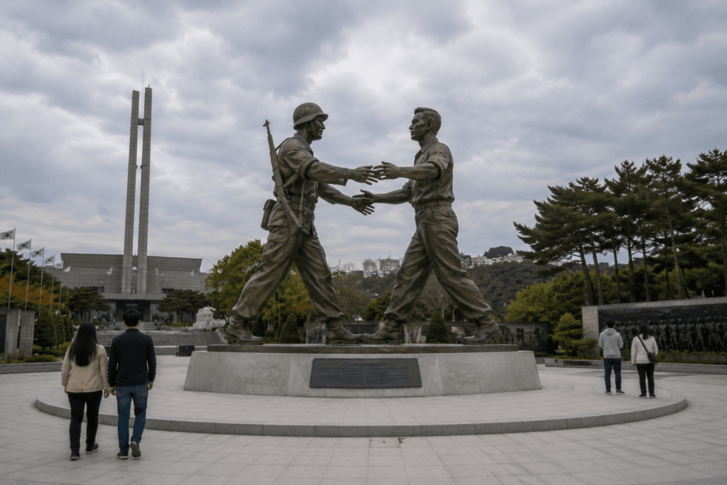 Symbolic memorial monument at the War Memorial of Korea with two bronze figures, cloudy sky, plaza and quiet visitors
