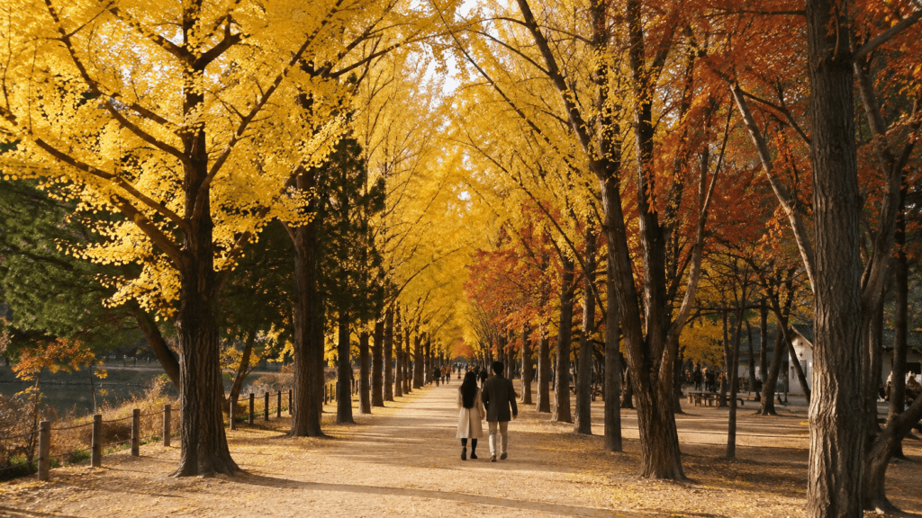 Visitors walking along a golden tree-lined path on Nami Island in autumn