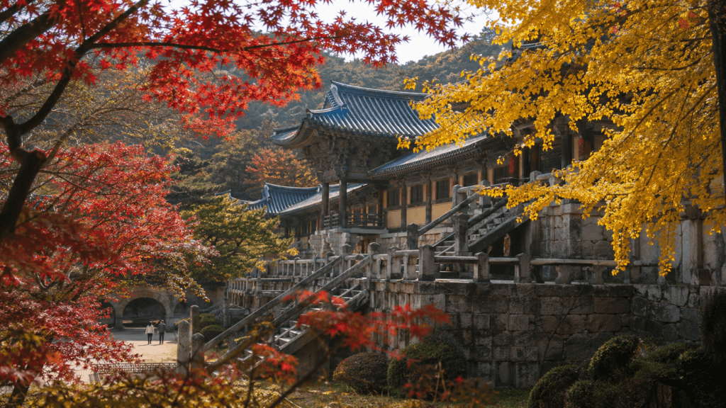Bulguksa Temple in Gyeongju framed by red and yellow autumn foliage