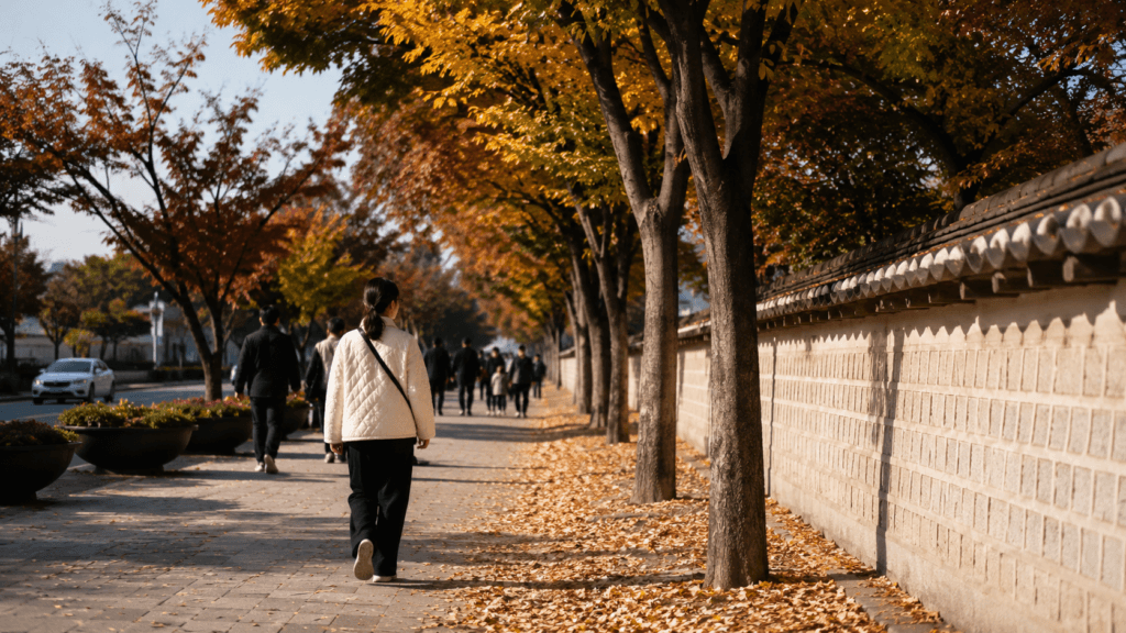 Traveler wearing a light jacket walking along an autumn street in Seoul