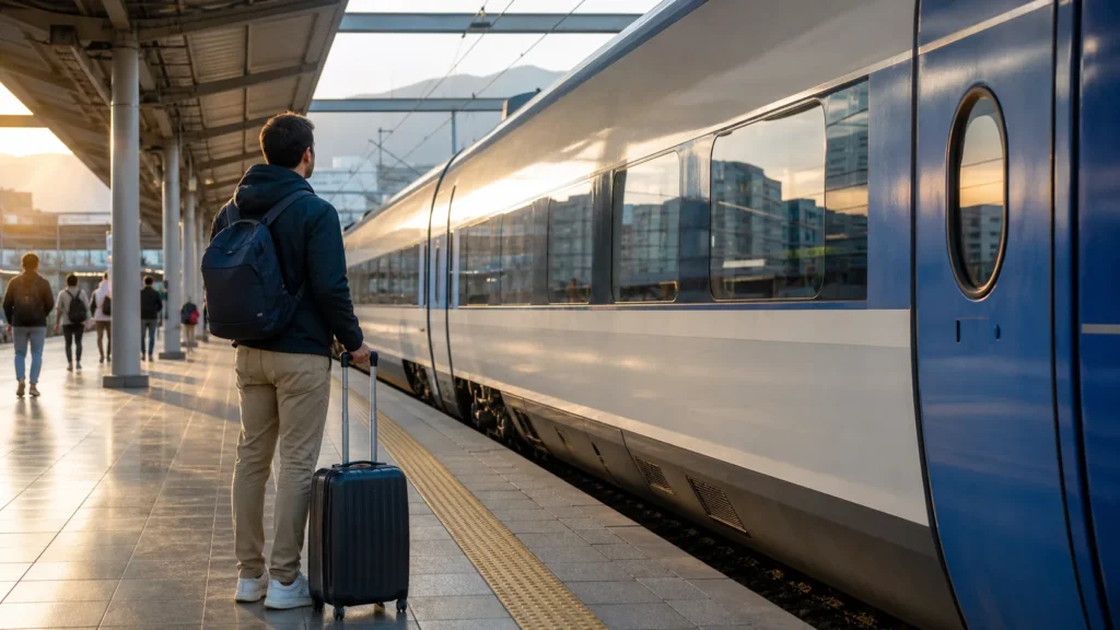 Traveler waiting beside a high-speed train for a seven-day South Korea itinerary