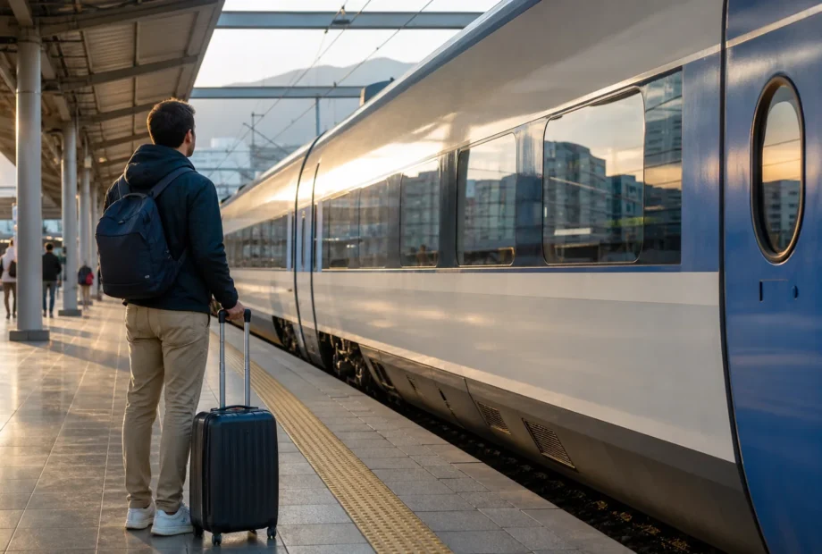 Traveler waiting beside a high-speed train for a seven-day South Korea itinerary