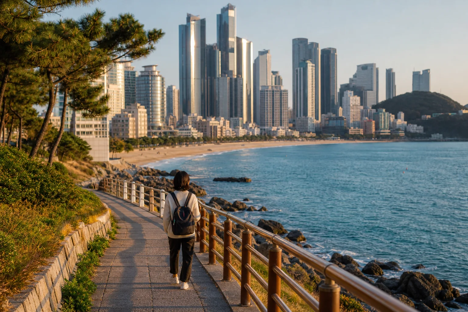 Traveler walking along the Busan coast with the city skyline ahead