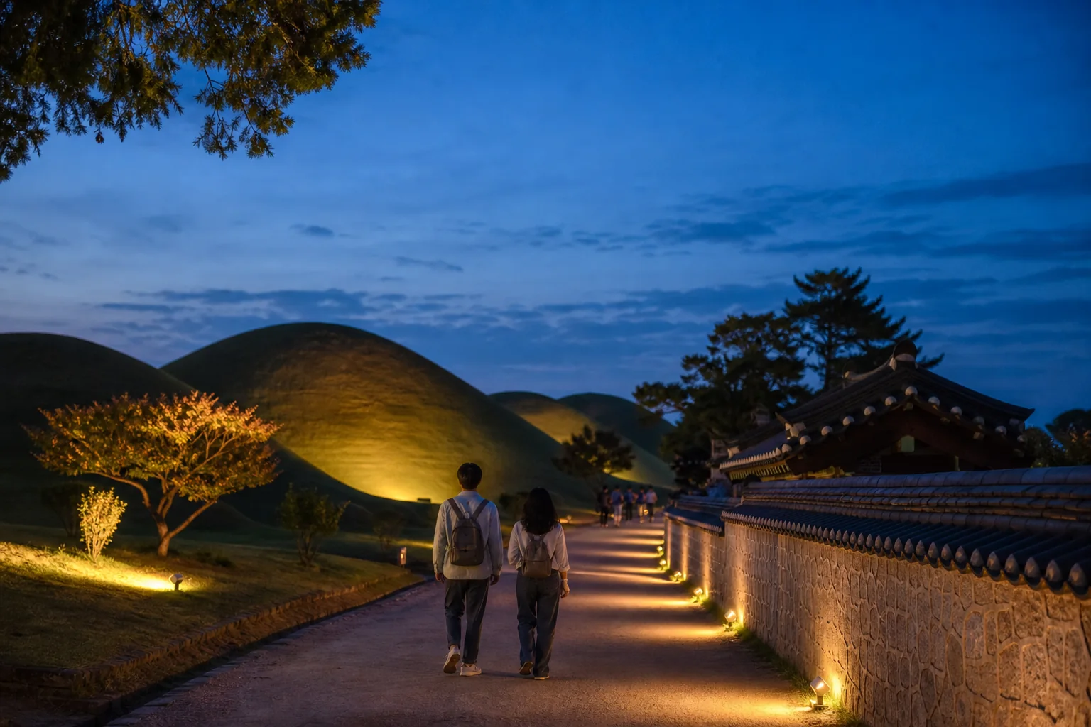 Travelers walking beside Silla royal tombs in Gyeongju at blue hour