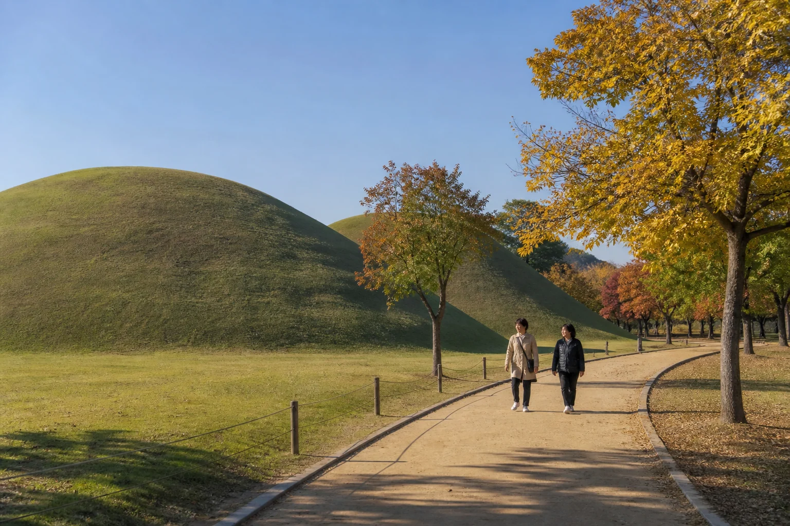 Visitors walking beside Gyeongju royal tombs on a clear October afternoon