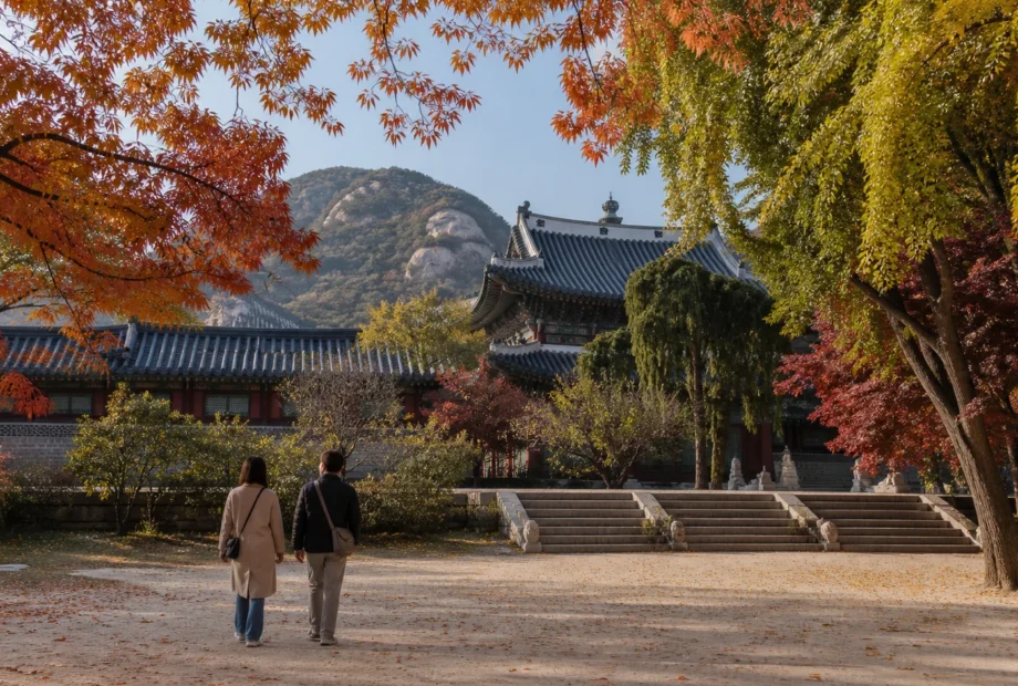 Travelers walking beneath autumn trees at a traditional Korean heritage site in October