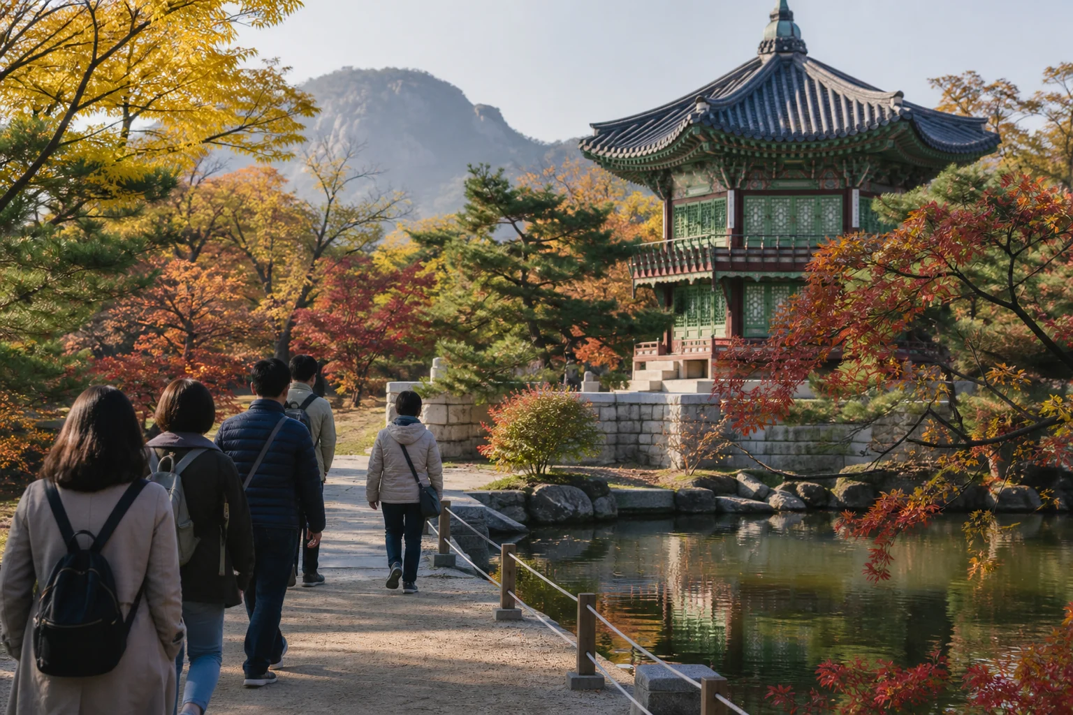 Travelers walking through a Korean palace garden in late October autumn color