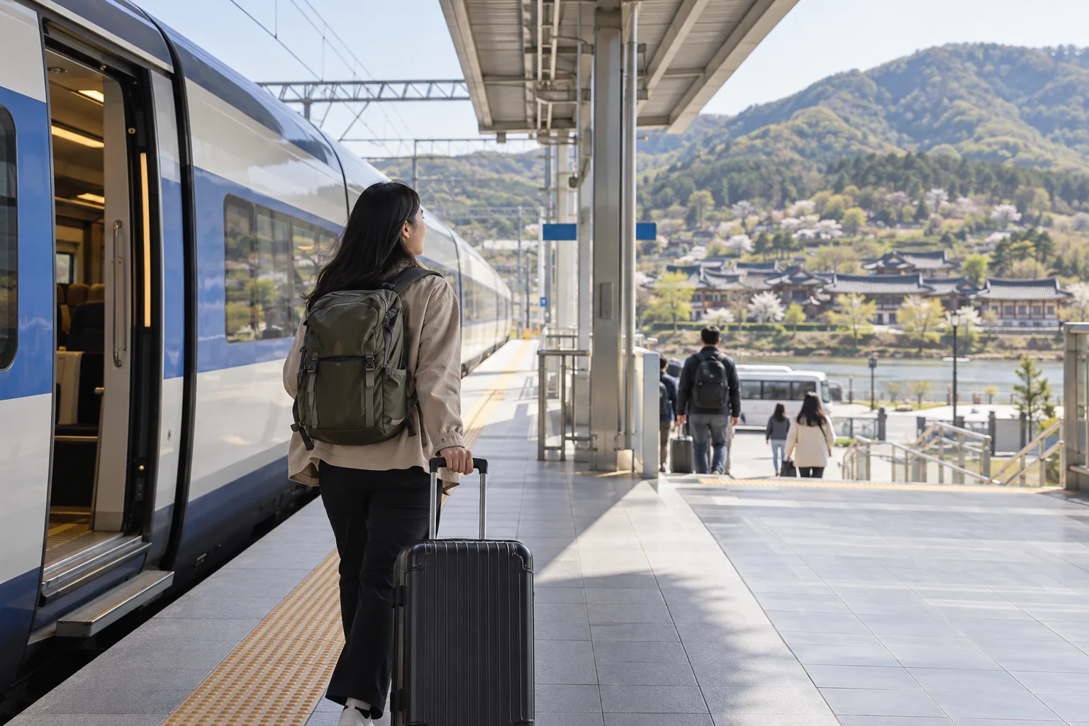 Traveler arriving at a modern Andong railway platform with luggage