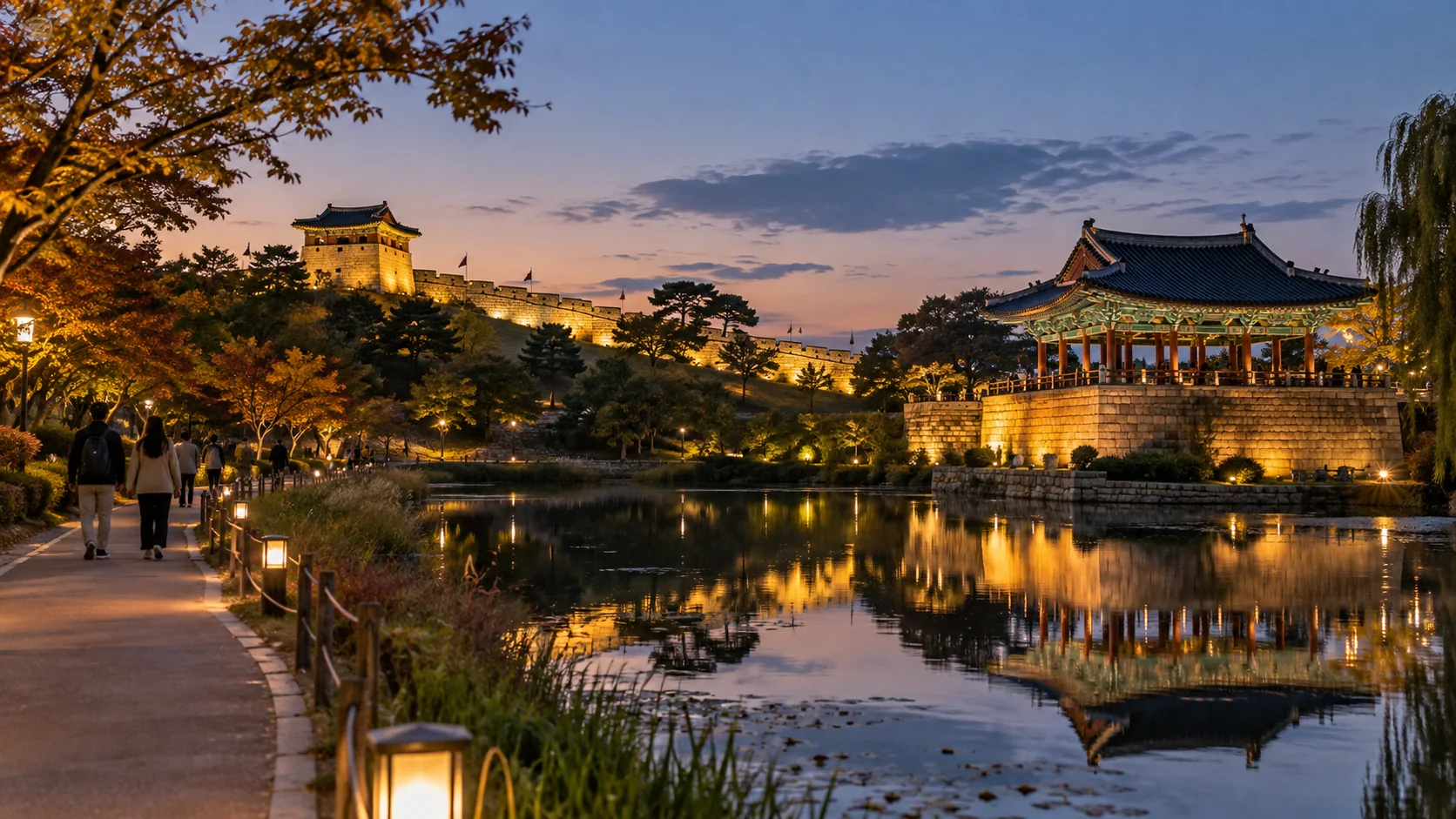 Evening walking path beside Banghwasuryujeong Pavilion and Yongyeon Pond