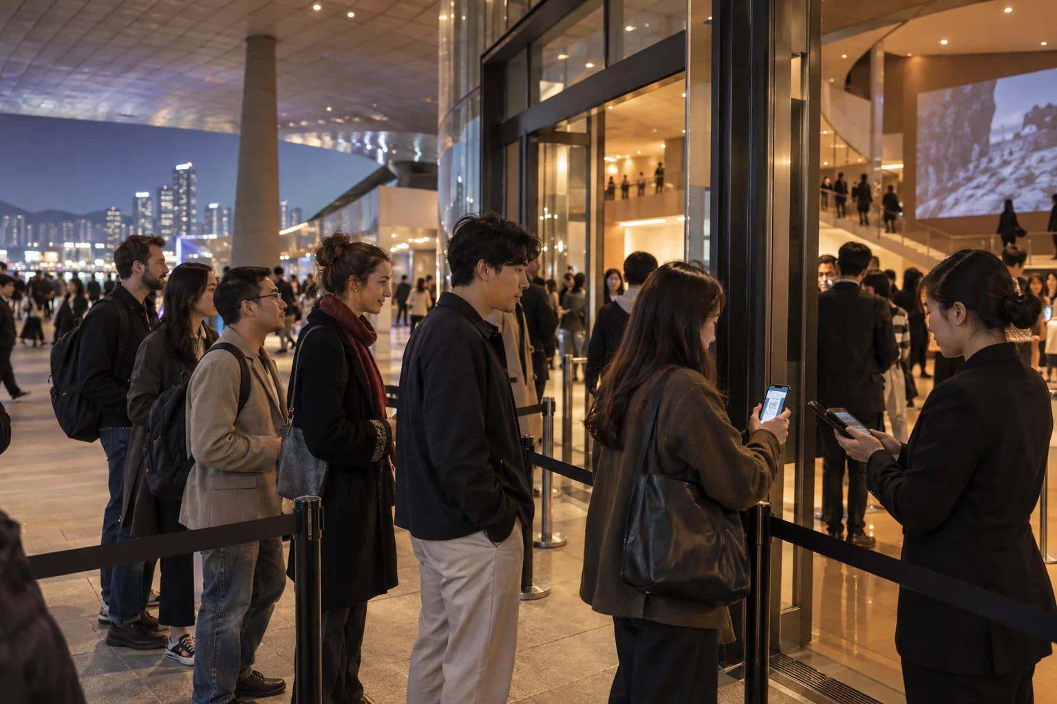 Festivalgoers entering a modern cinema complex in Busan before an evening film screening