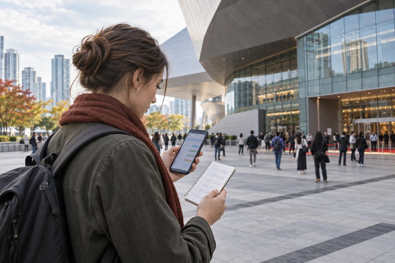 Traveler checking a festival schedule on a phone outside a Busan cinema venue