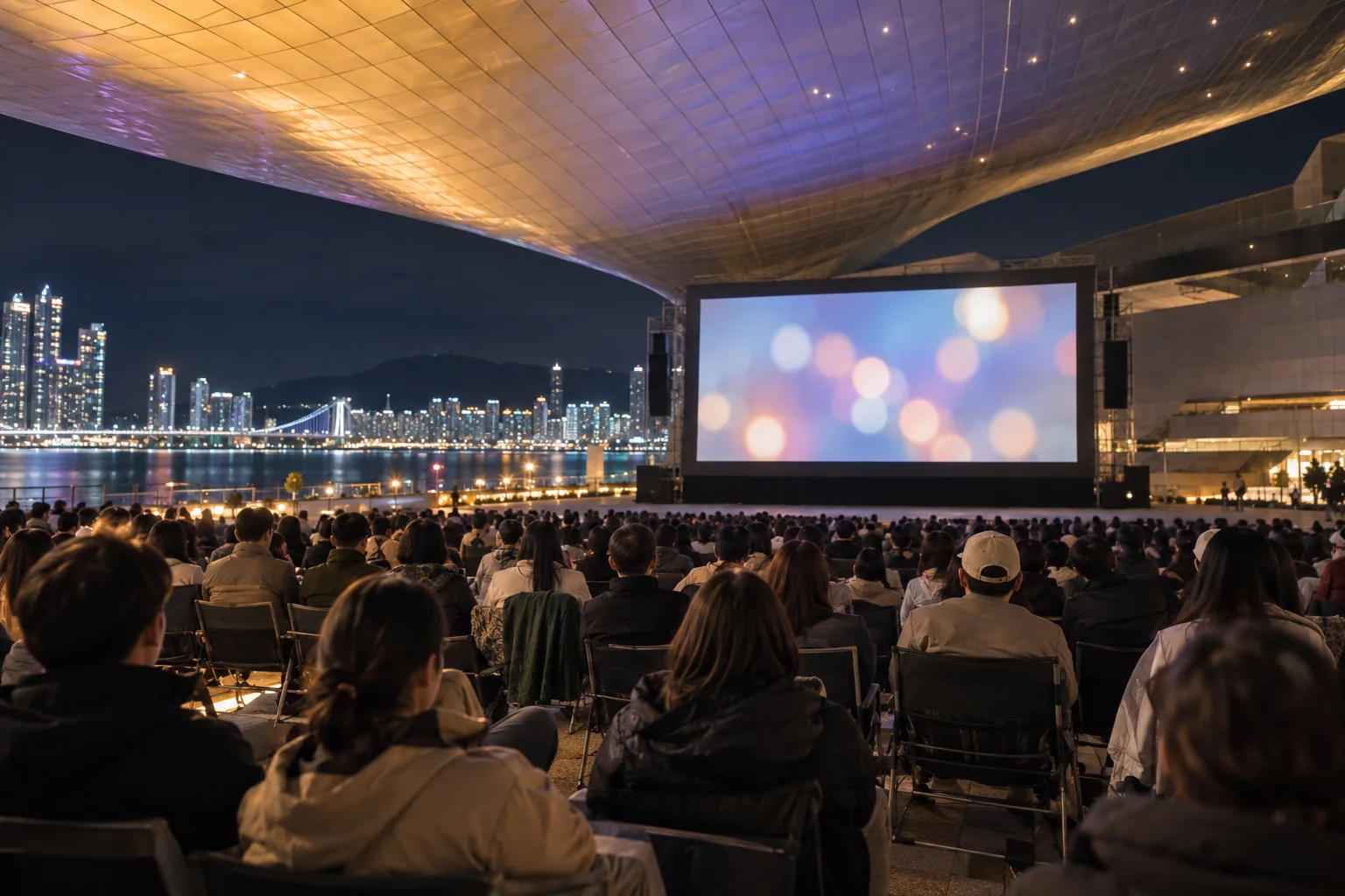 Audience seated for an outdoor evening film beneath the Busan Cinema Center roof