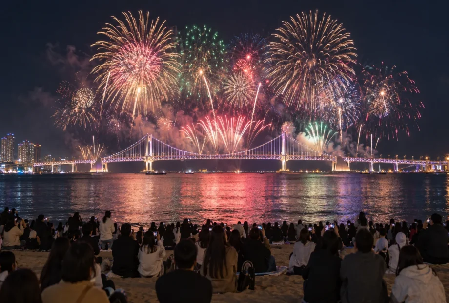 Fireworks over Gwangan Bridge viewed from Gwangalli Beach at night