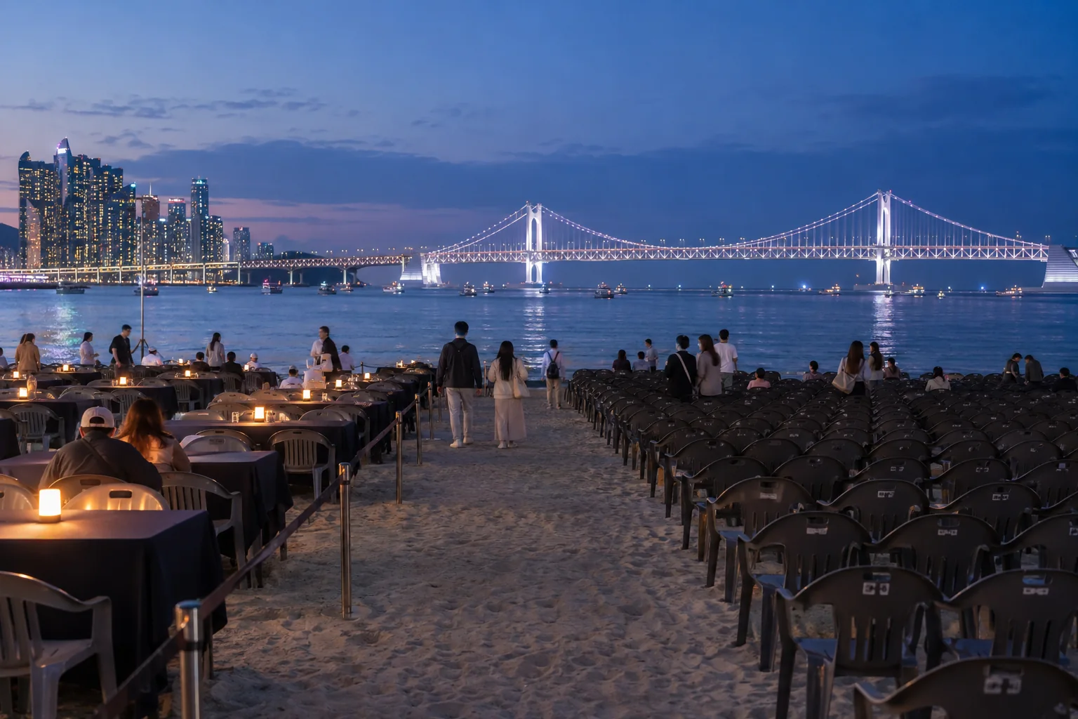 Reserved table and chair seating on Gwangalli Beach before the fireworks